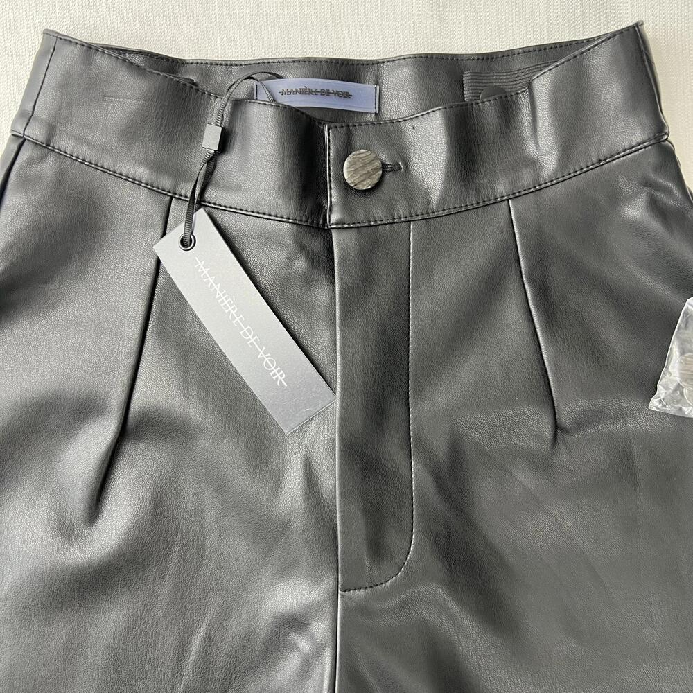 Maniere De Voir Vegan Leather Pants Womens 2 Black Cut Out High Waist NWT - Picture 7 of 9